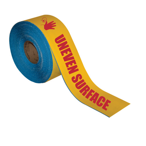Superior Mark® Floor Tape - 4'' x 100' - UNEVEN SURFACE WHEN DOCK PLATE RAISED - Red Text/Yellow Bkgd