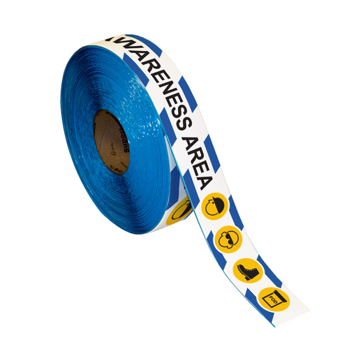 Superior Mark® Floor Tape - FOD AWARENESS AREA - Blue/White Hazard Bkgd/Black Text
